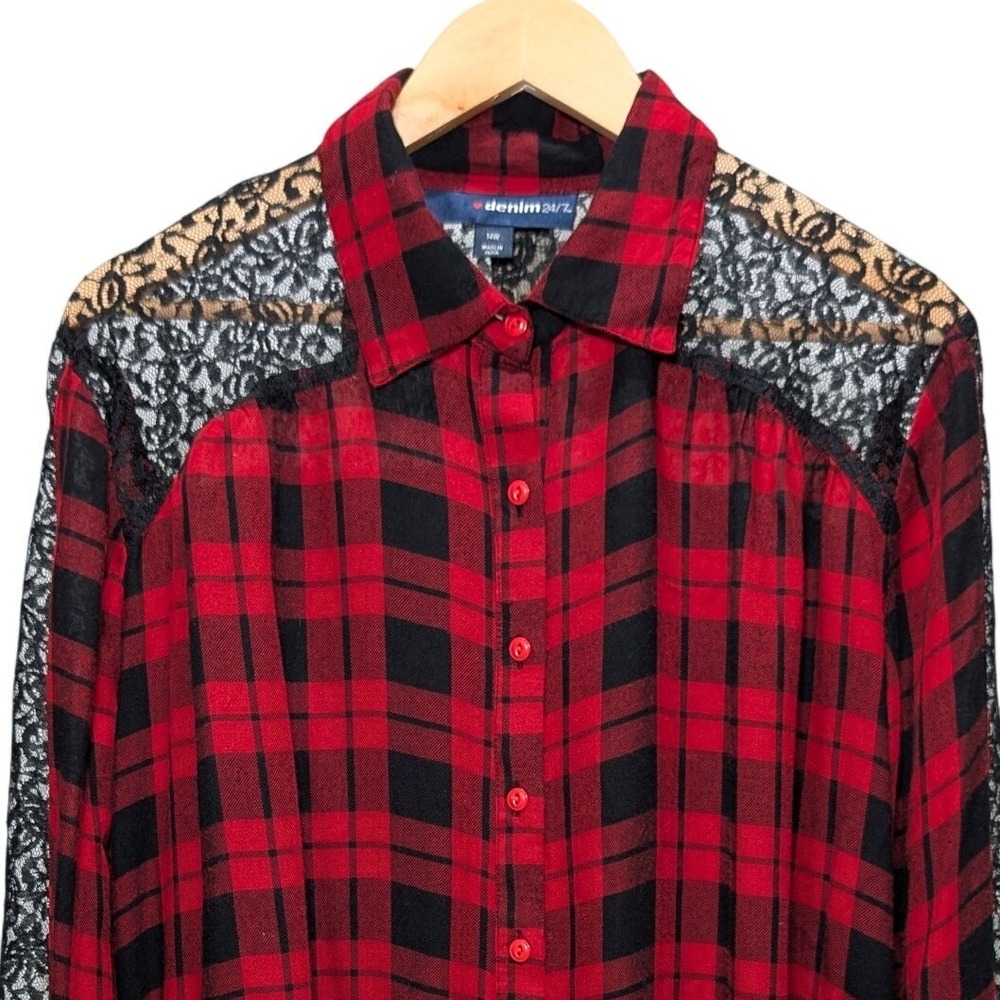 Western Boho Vibe‎ Red Black Plaid Lace Yoke Long Sleeve Button Up Shirt 14W